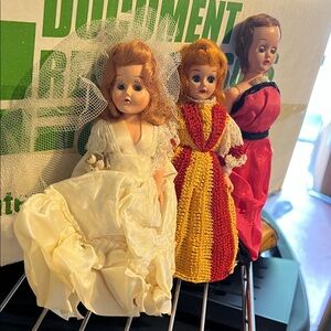 Vintage Doll Trio with Wedding and Evening Dresses